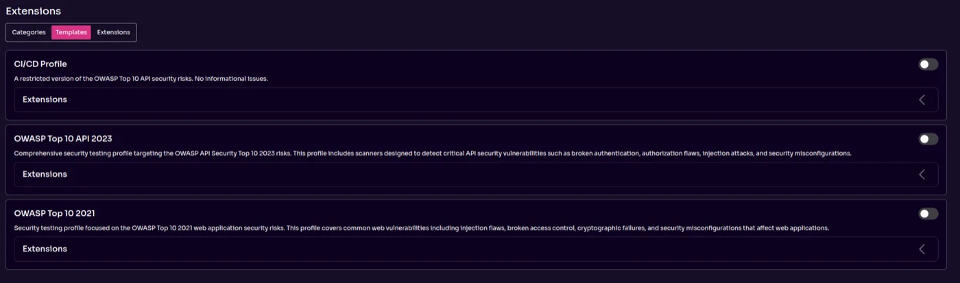 Optimized scannin through Scan Extensions, such as OWASOP Top 10 API and CI/CD, in Equixly