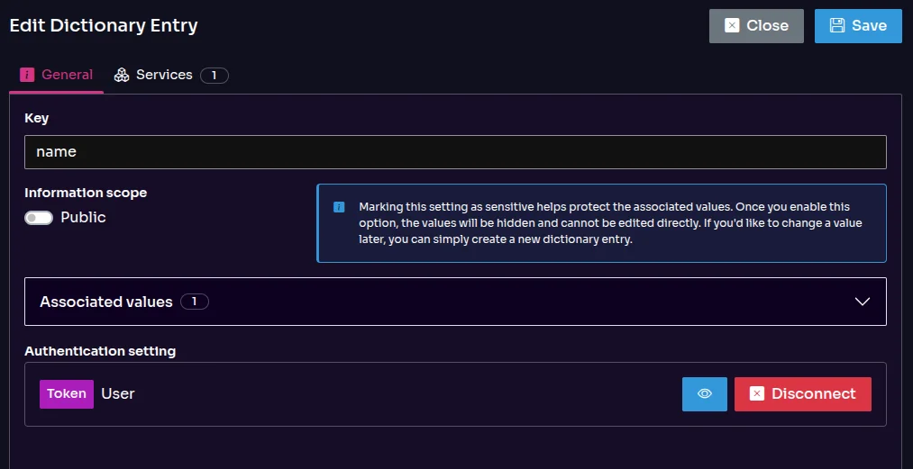 Associated authentication settings in dictionary setting