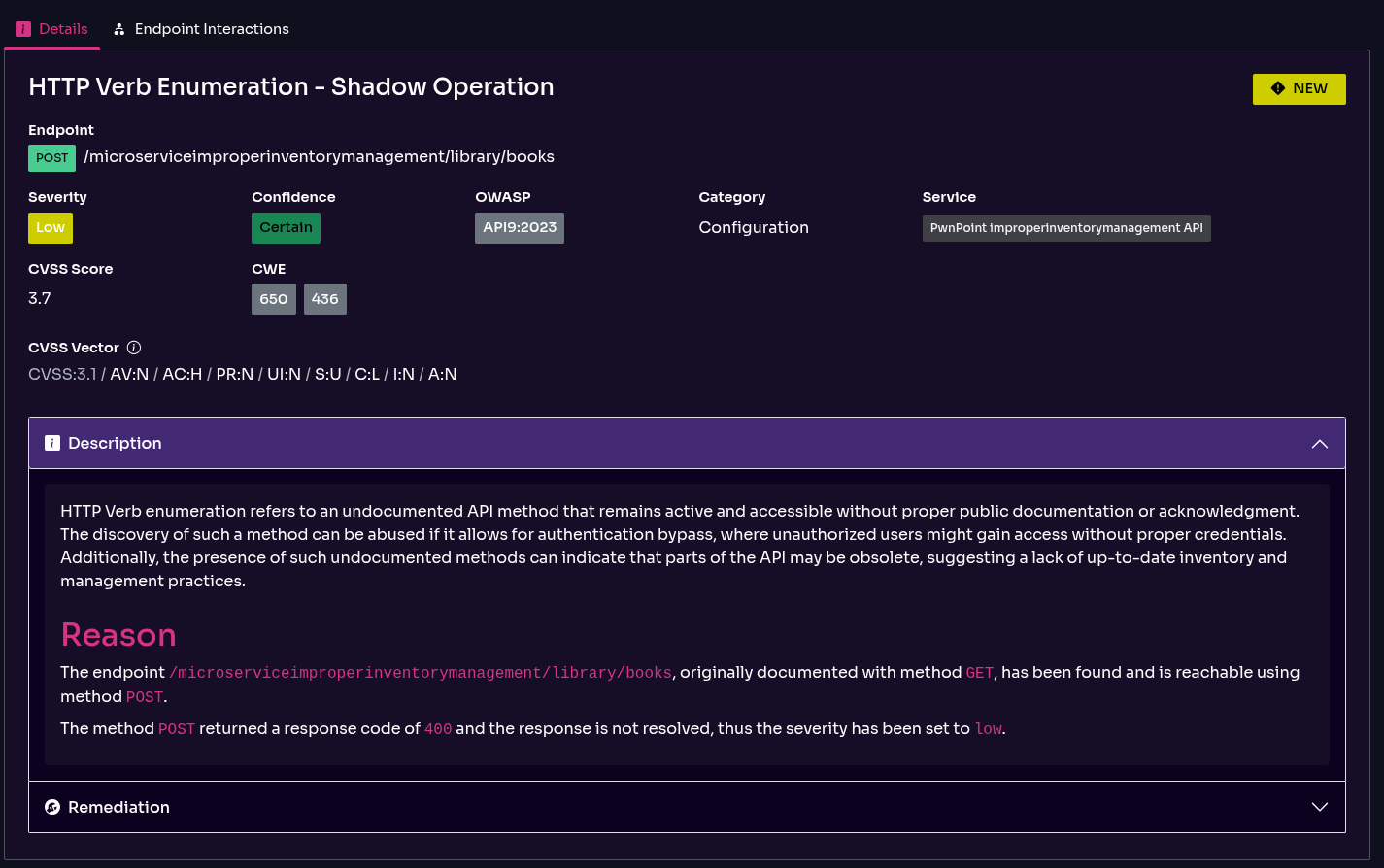 Shadow API operation, verb enumeration, shown in Equixly's dashboard