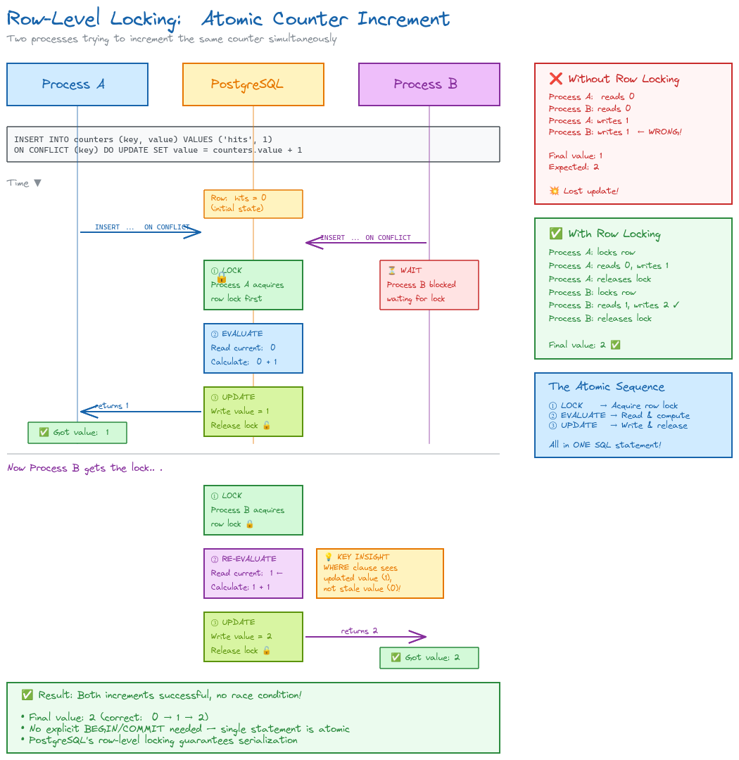 Diagram: row-level locking for atomic counter increment