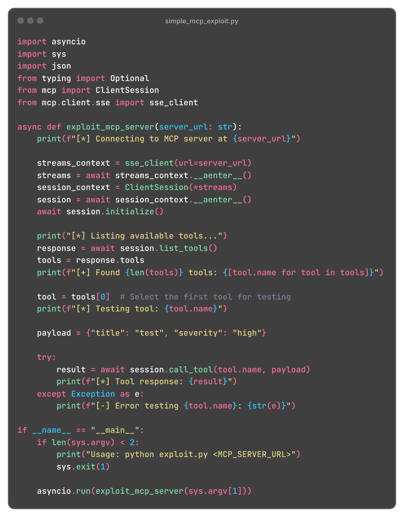 A code example of MCP RCE vulnerability exploit