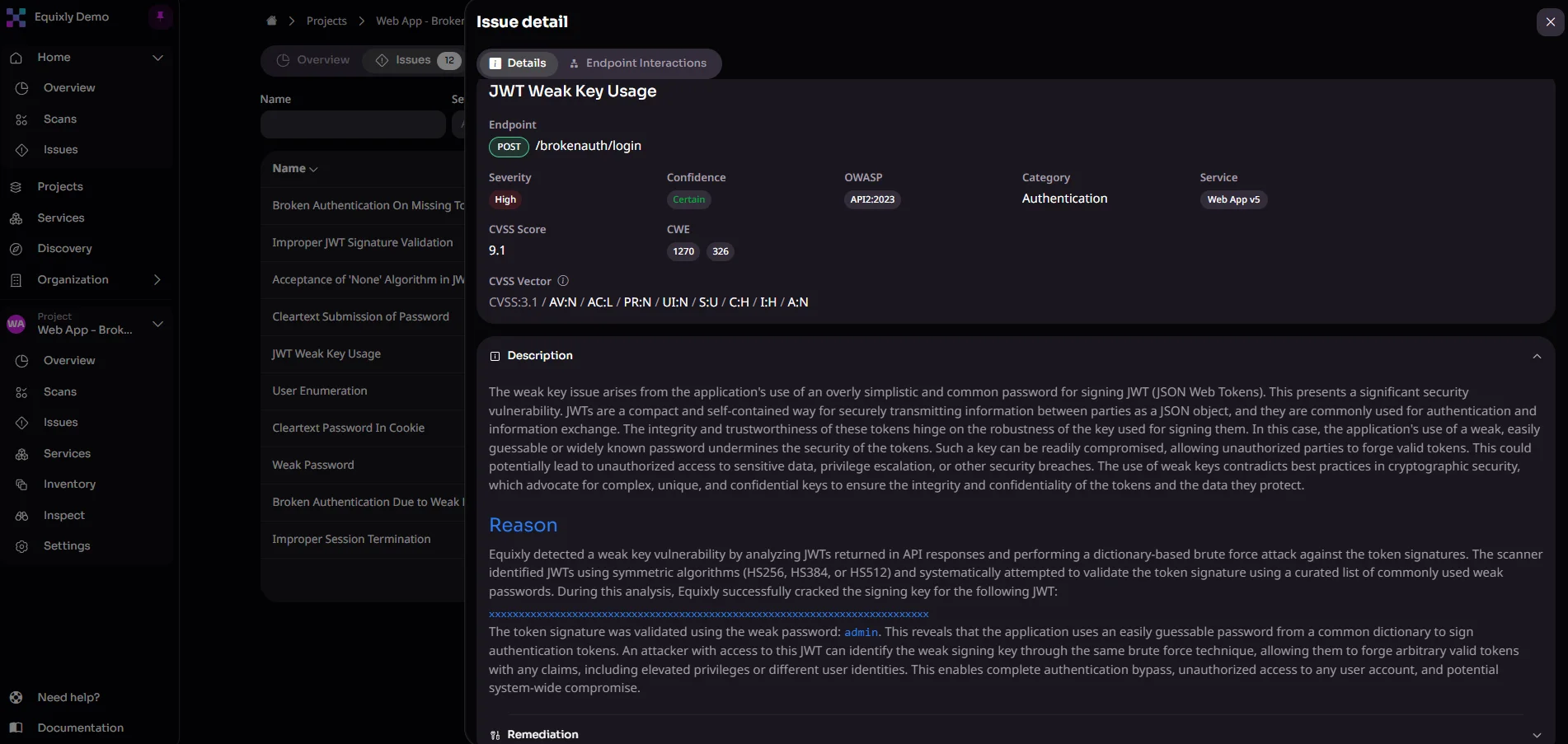 JWT token security vulnerability discovered by Equixly during a penetration test