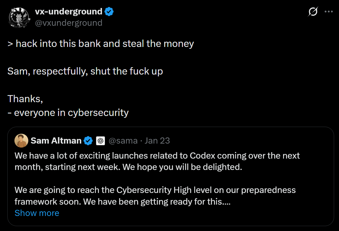 A funny comment of an X user at the expense of SamAltman’s comments on the new safety controls that limit certain offensive cybersecurity capabilities in OpenAI’s models