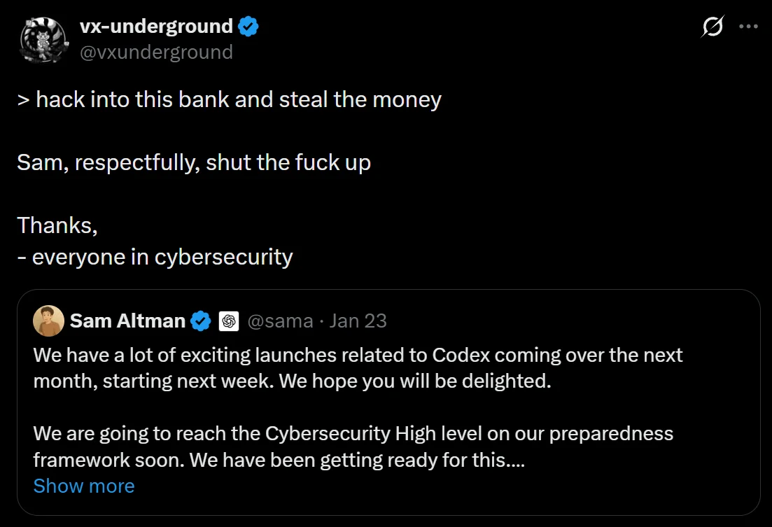 A funny comment of an X user at the expense of SamAltman’s comments on the new safety controls that limit certain offensive cybersecurity capabilities in OpenAI’s models