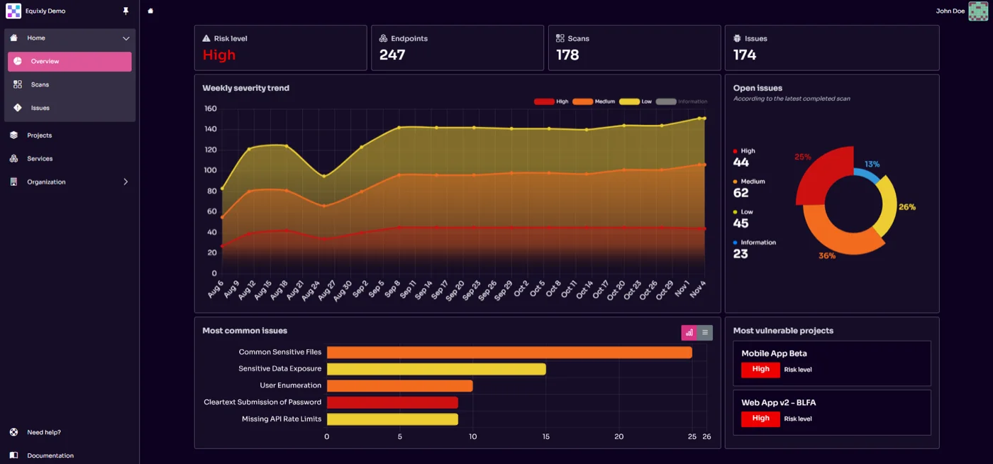 Equixly's Dashboard Showing Scans, Issues, and API Endpoints