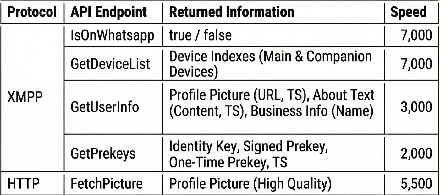 Vulnerable WhatsApp API endpoints and enumeration speed