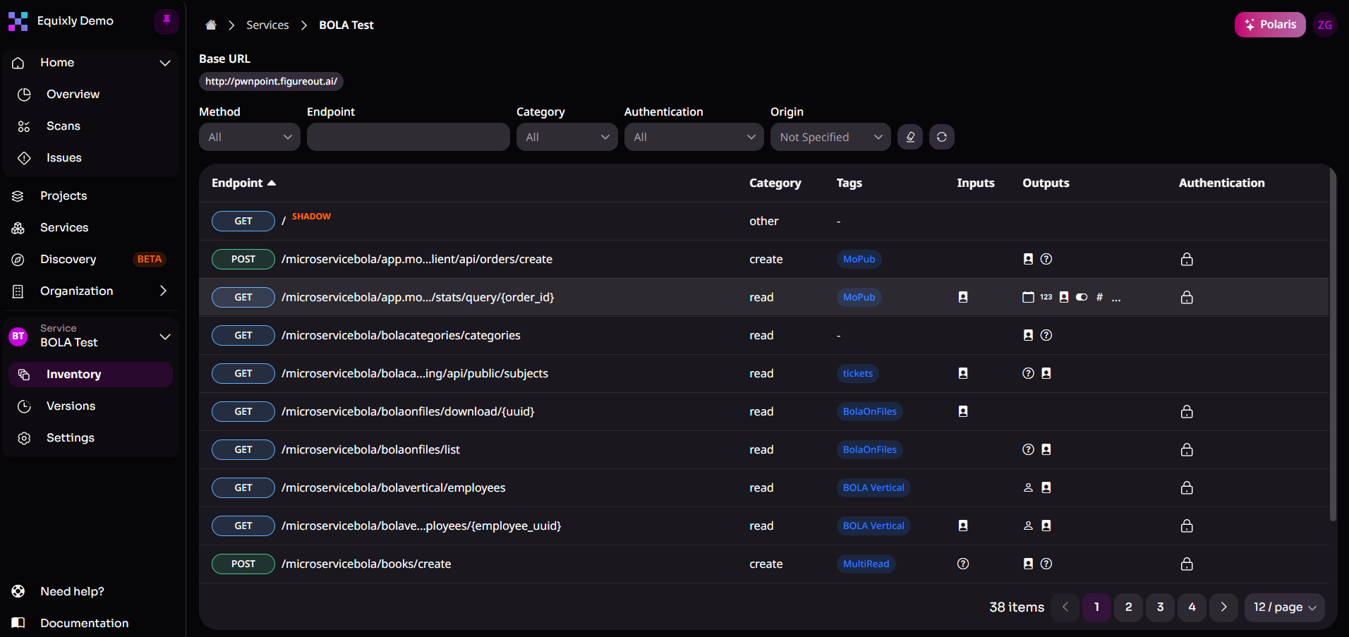 Broken Object Level Authorization (BOLA) testing results in Equixly